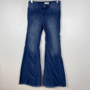 Free People Corduroy Bell Bottoms Flared Leg Blue Mid Rise Raw Hem Retro Size 26